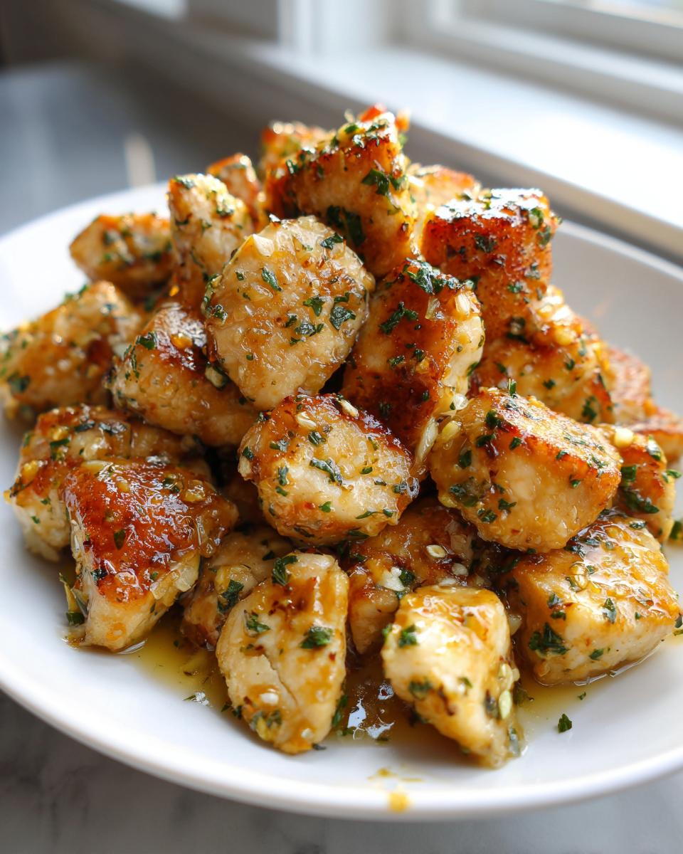 A mound of golden brown garlic butter chicken bites garnished with fresh parsley, glistening in sauce.