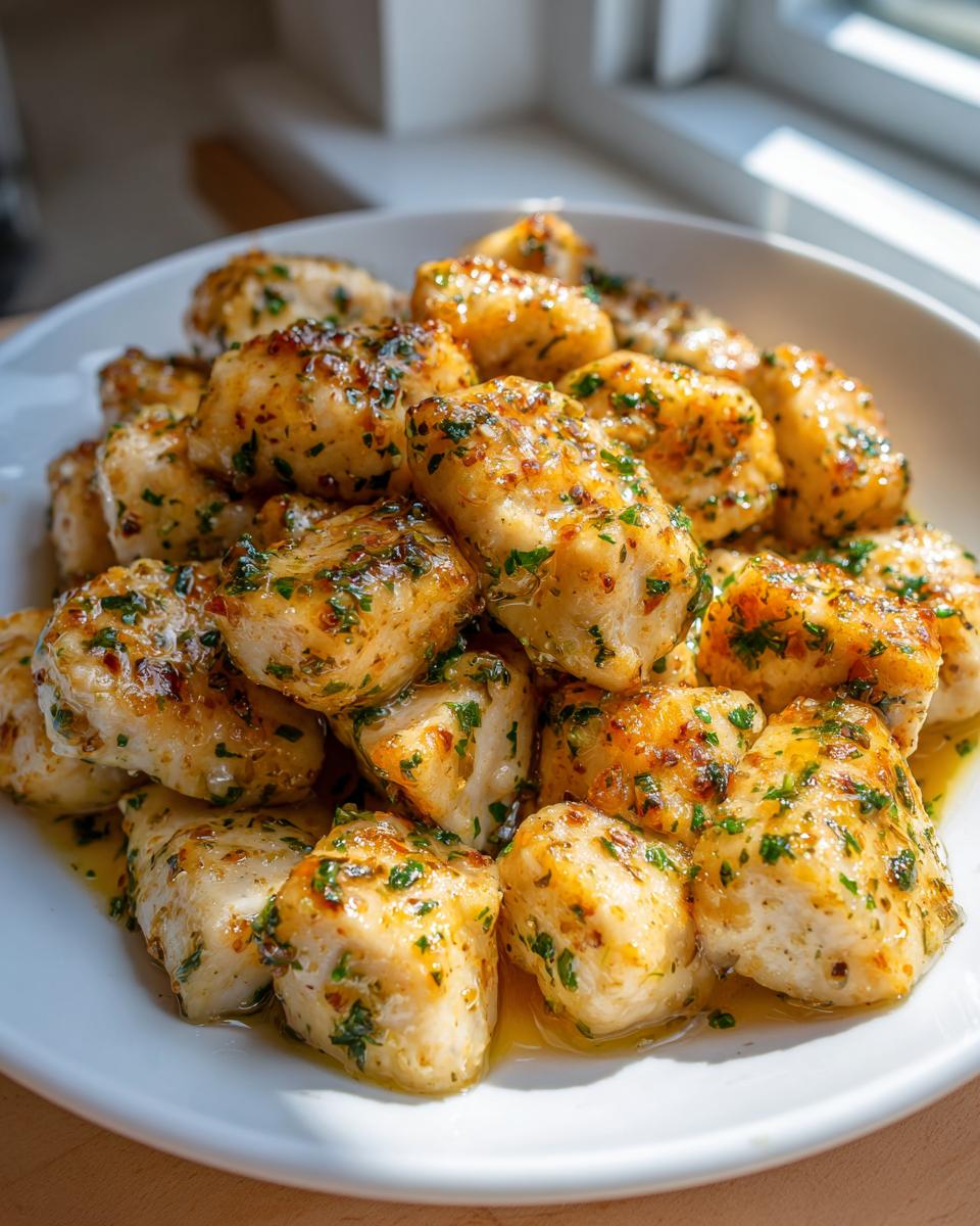 Close-up of glistening garlic butter chicken bites seasoned with parsley and spices, served in a white bowl.