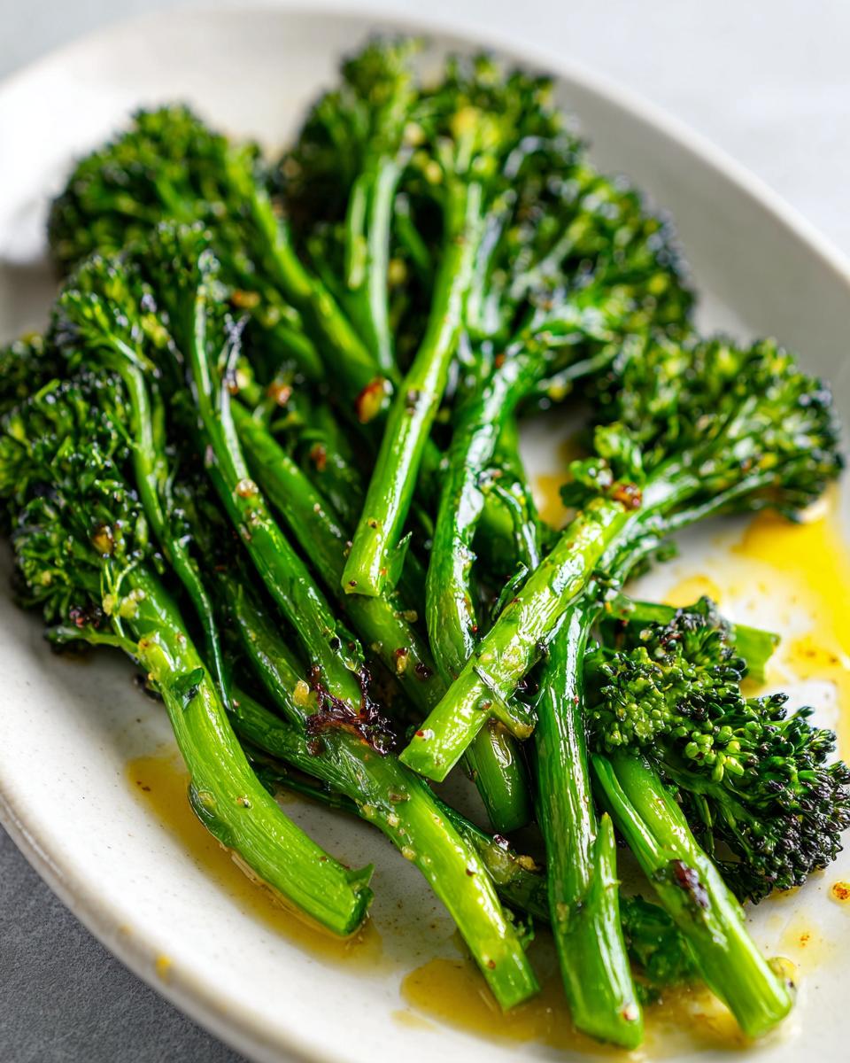 Close-up of bright green, cooked broccolini tossed in garlic and lemon sauce on a white plate.