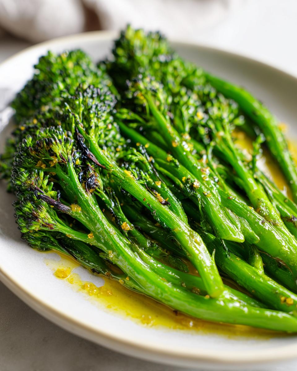 Close-up of bright green, sautéed broccolini drizzled with lemon garlic sauce.