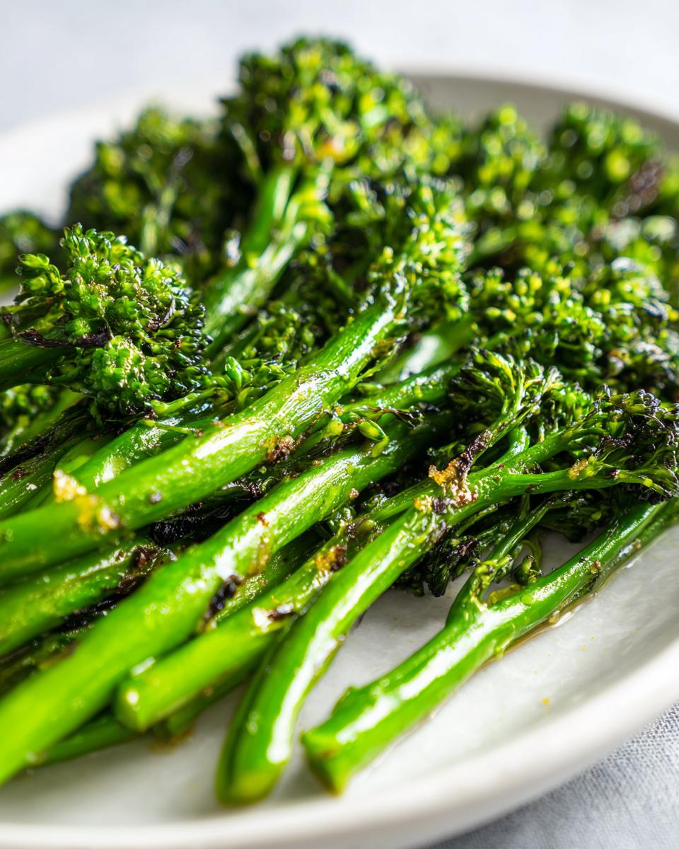 A close-up shot of bright green, roasted garlic lemon broccolini served on a white plate.