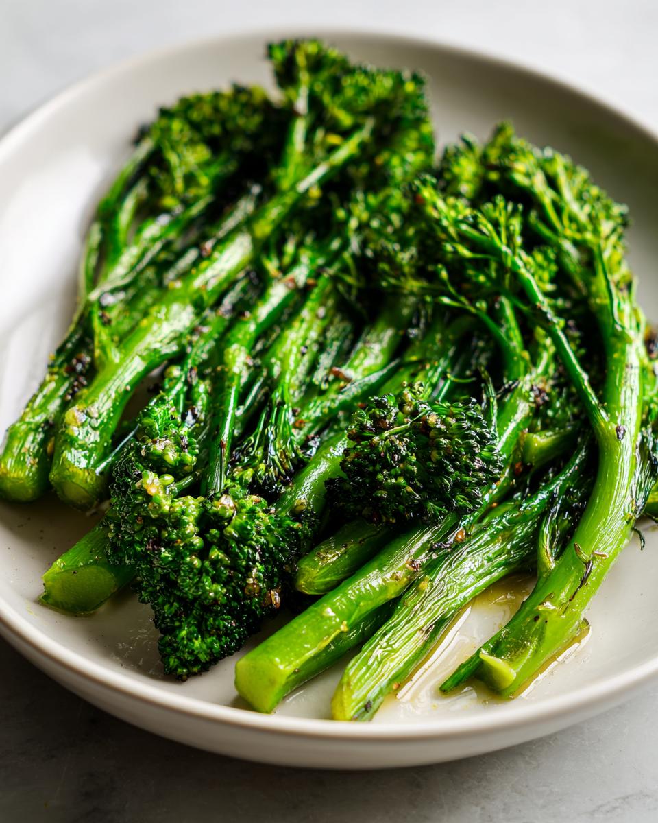 Close-up of bright green, tender broccolini stalks seasoned with garlic and lemon, served on a light gray plate.