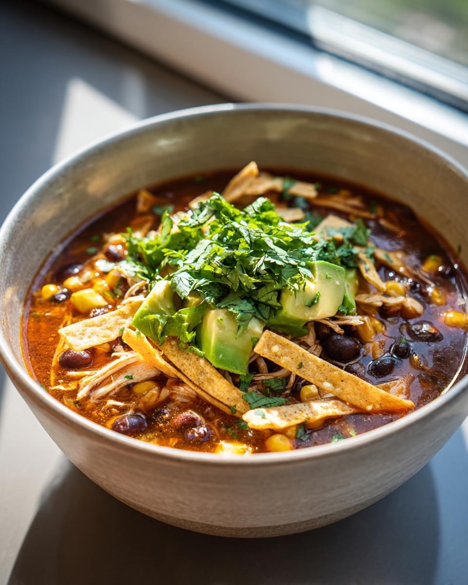 Close-up of a hearty bowl of tortilla soup recipe topped with avocado, cilantro, and crispy tortilla strips.