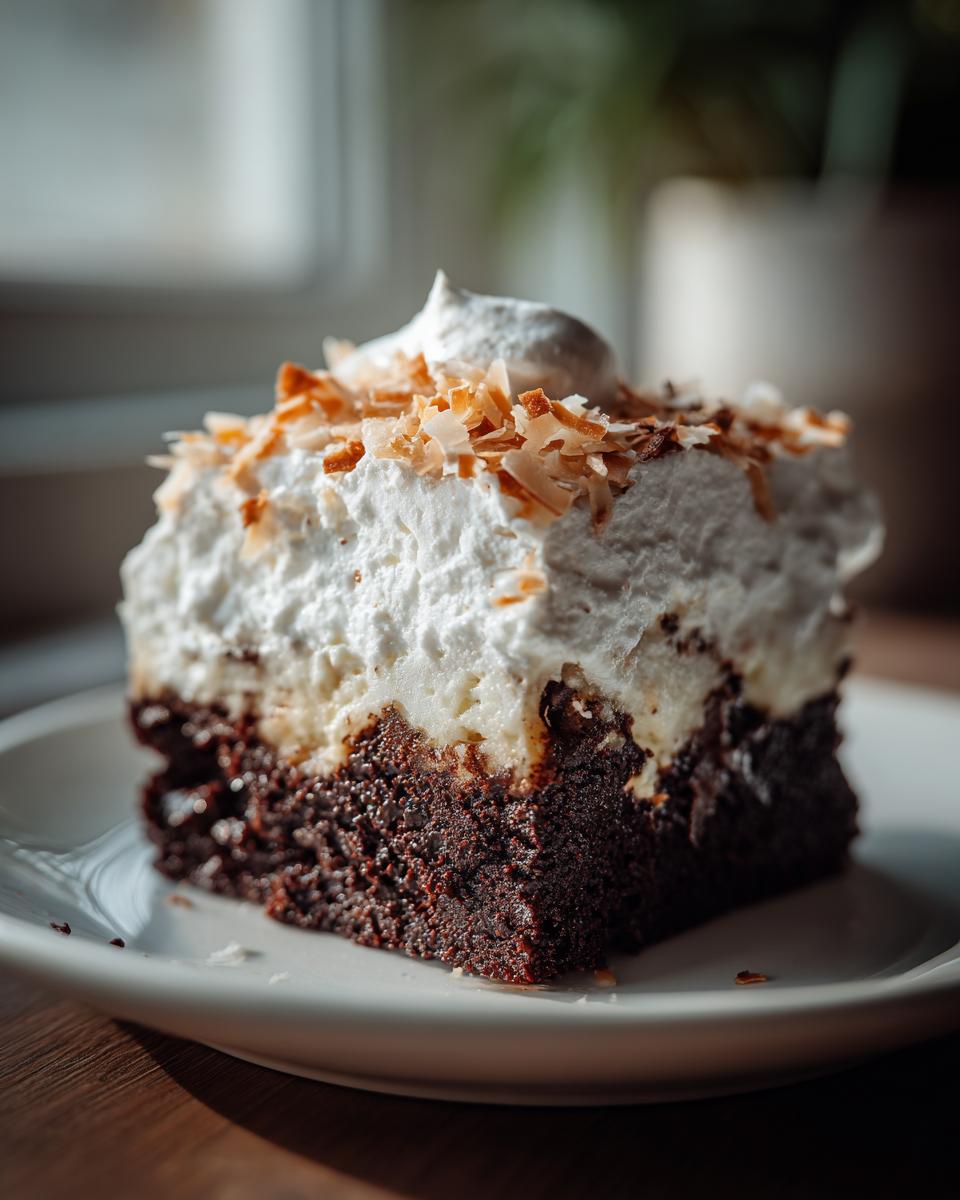 A close-up of a moist slice of german chocolate poke cake with thick white frosting and toasted coconut flakes.