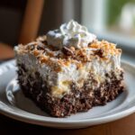 A decadent slice of german chocolate poke cake topped with whipped cream, toasted coconut, and pecans.