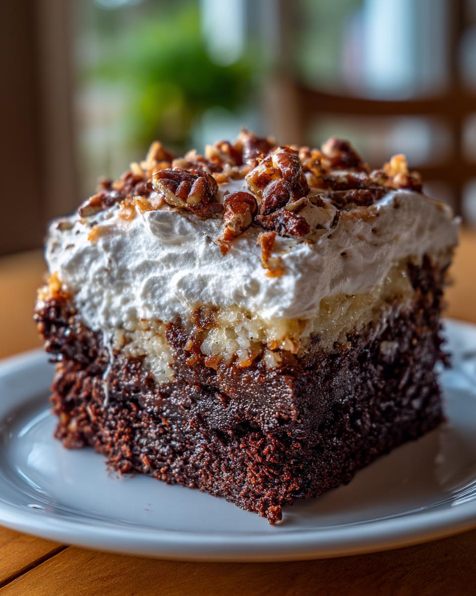 A rich slice of german chocolate poke cake showing moist chocolate base, coconut filling, whipped topping, and pecans.