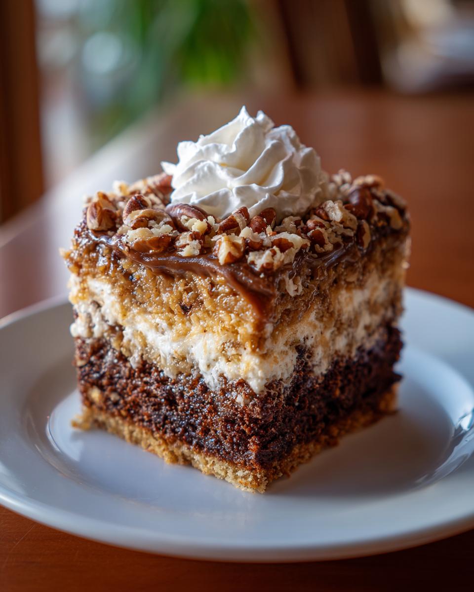A square slice of moist german chocolate poke cake layered with chocolate cake, filling, and topped with caramel, pecans, and whipped cream.