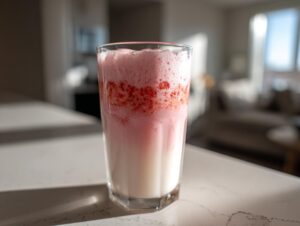 A tall glass of layered strawberry milk with a thick, pink, frothy top sitting on a bright countertop.