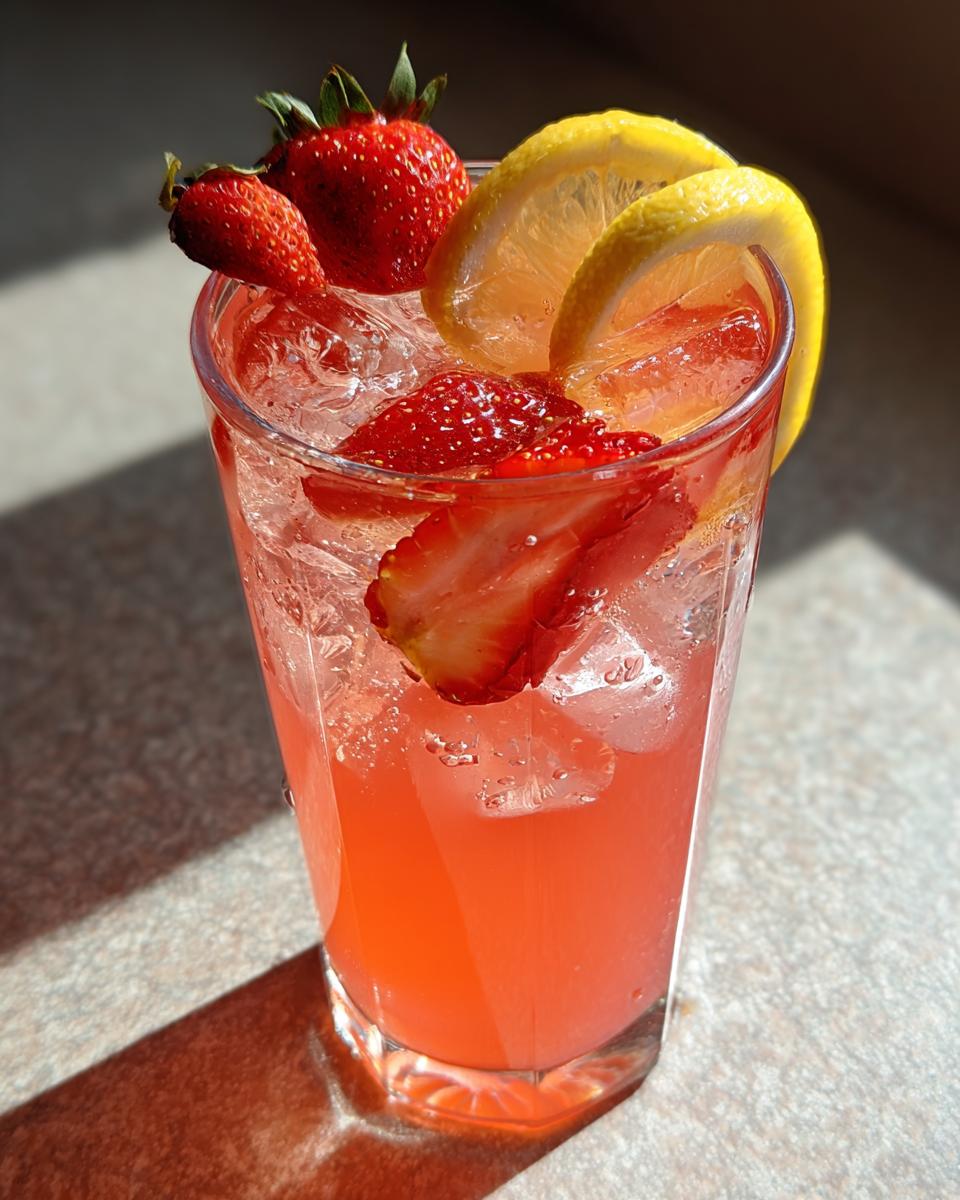 A tall glass filled with bright pink lemonade, ice, strawberries, and lemon slices.