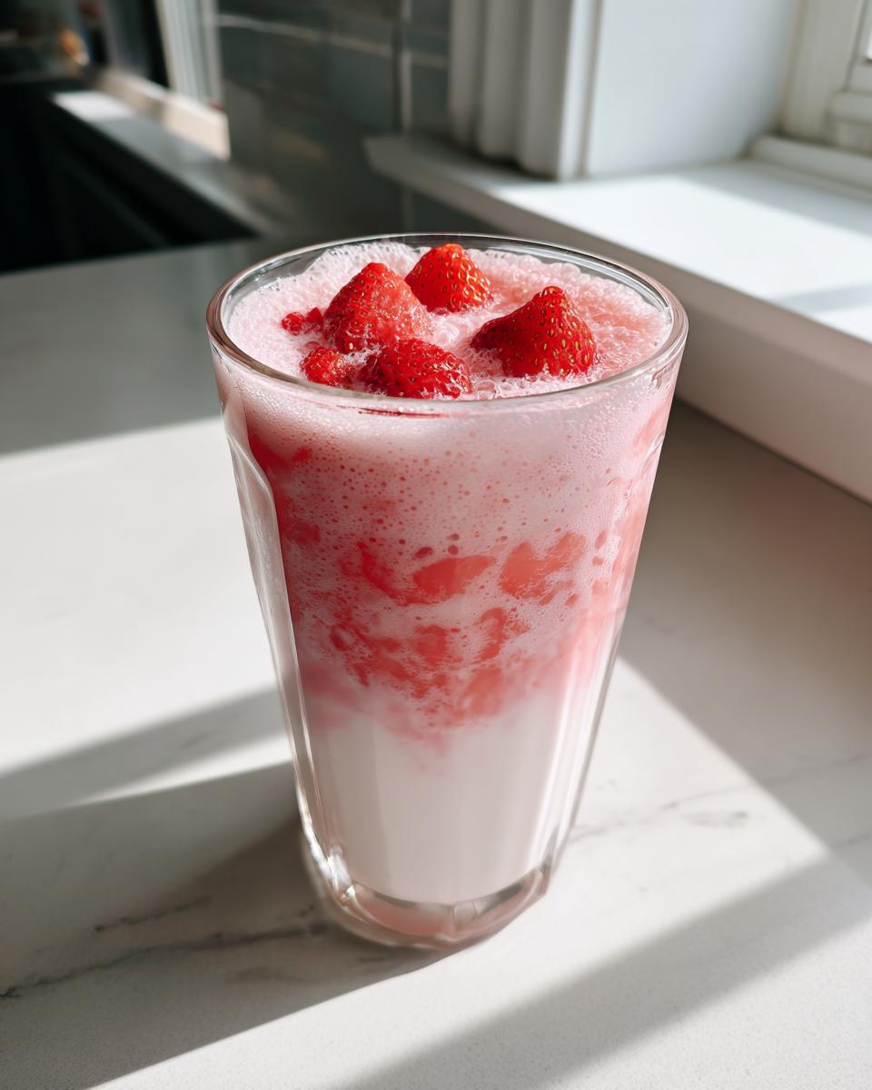 A tall glass of layered strawberry milk topped with fresh strawberry pieces, sitting on a bright countertop.
