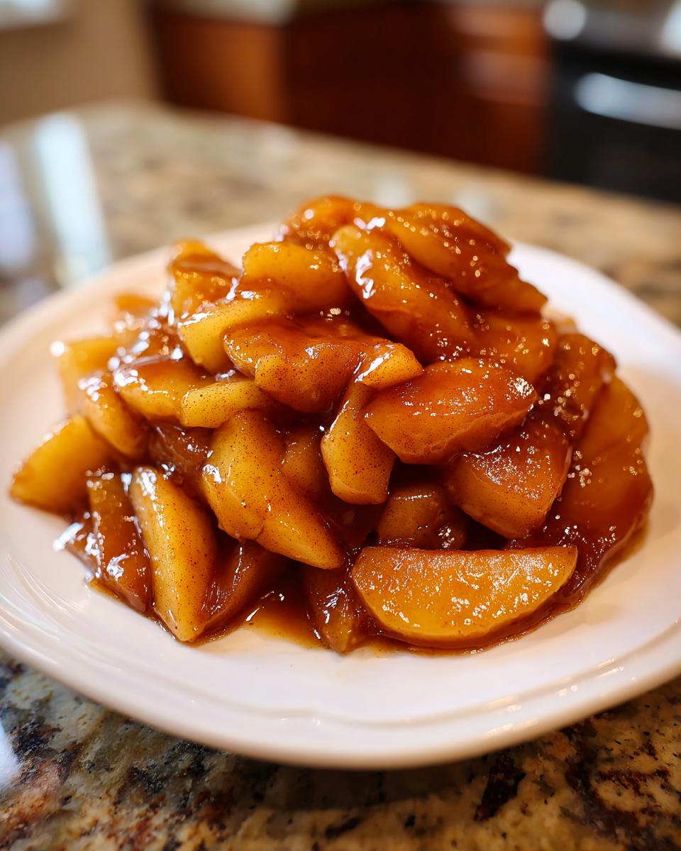 A mound of glossy, caramelized apple pie filling seasoned with cinnamon served on a white plate.