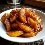 Close-up of thick, spiced apple pie filling slices glistening in a rich, brown sauce in a white bowl.