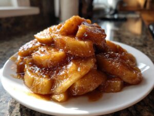 Close-up of thick, glistening apple pie filling slices coated in a rich cinnamon-sugar glaze, served on a white plate.