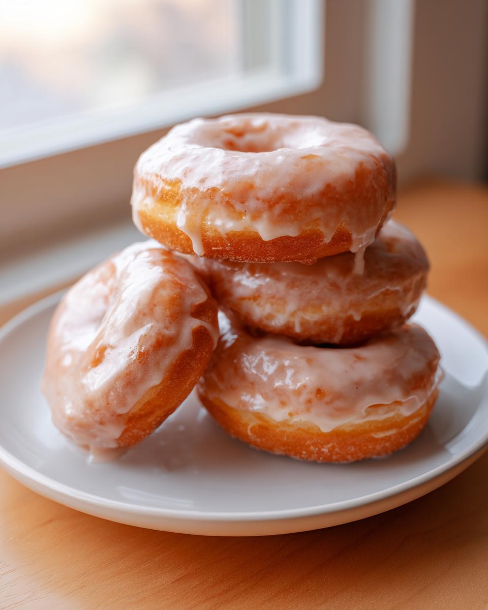 A stack of four freshly glazed baked pumpkin donuts sitting on a white plate near a window.