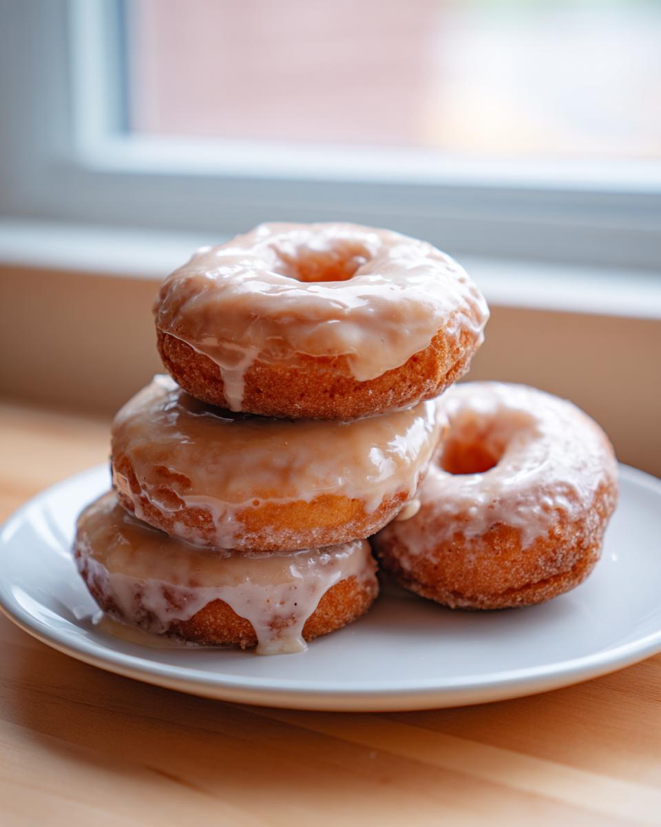 A stack of three and one side baked pumpkin donuts covered in a thick, dripping vanilla glaze on a white plate.