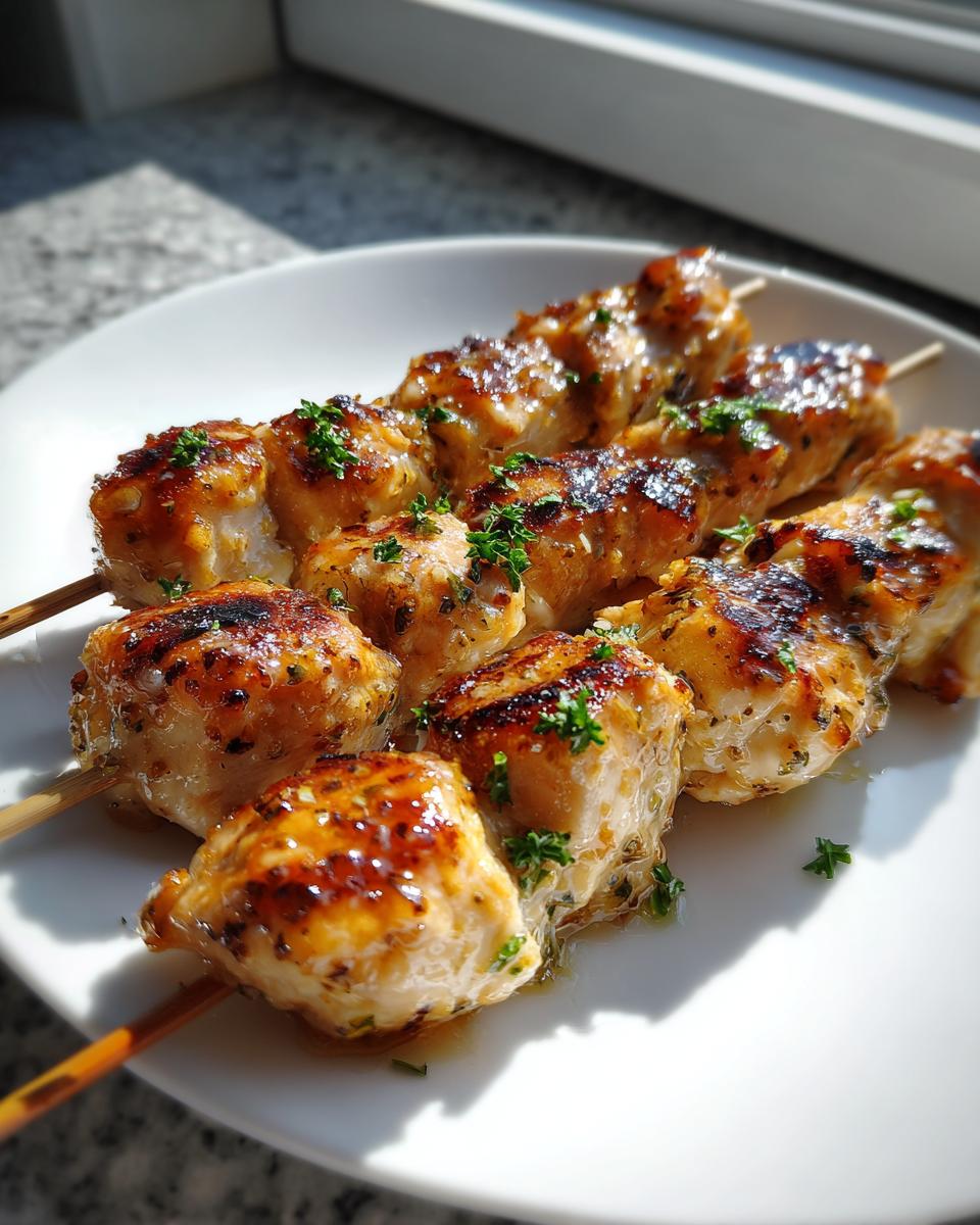 Close-up of three perfectly grilled and glazed chicken skewers garnished with fresh parsley on a white plate.