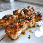 Close-up of two delicious, glazed chicken skewers resting on a white plate, garnished with fresh parsley.