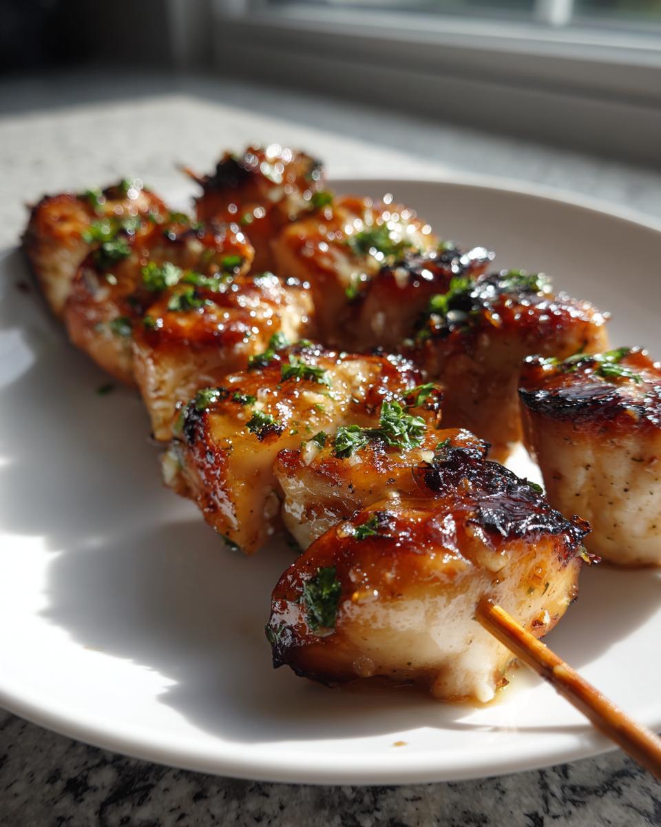 Close-up of perfectly cooked, glazed chicken skewers topped with fresh parsley on a white plate.