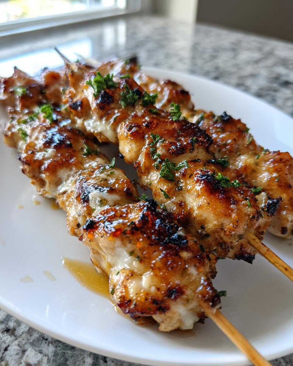 Four perfectly grilled and glazed chicken skewers resting on a white plate, garnished with fresh parsley.