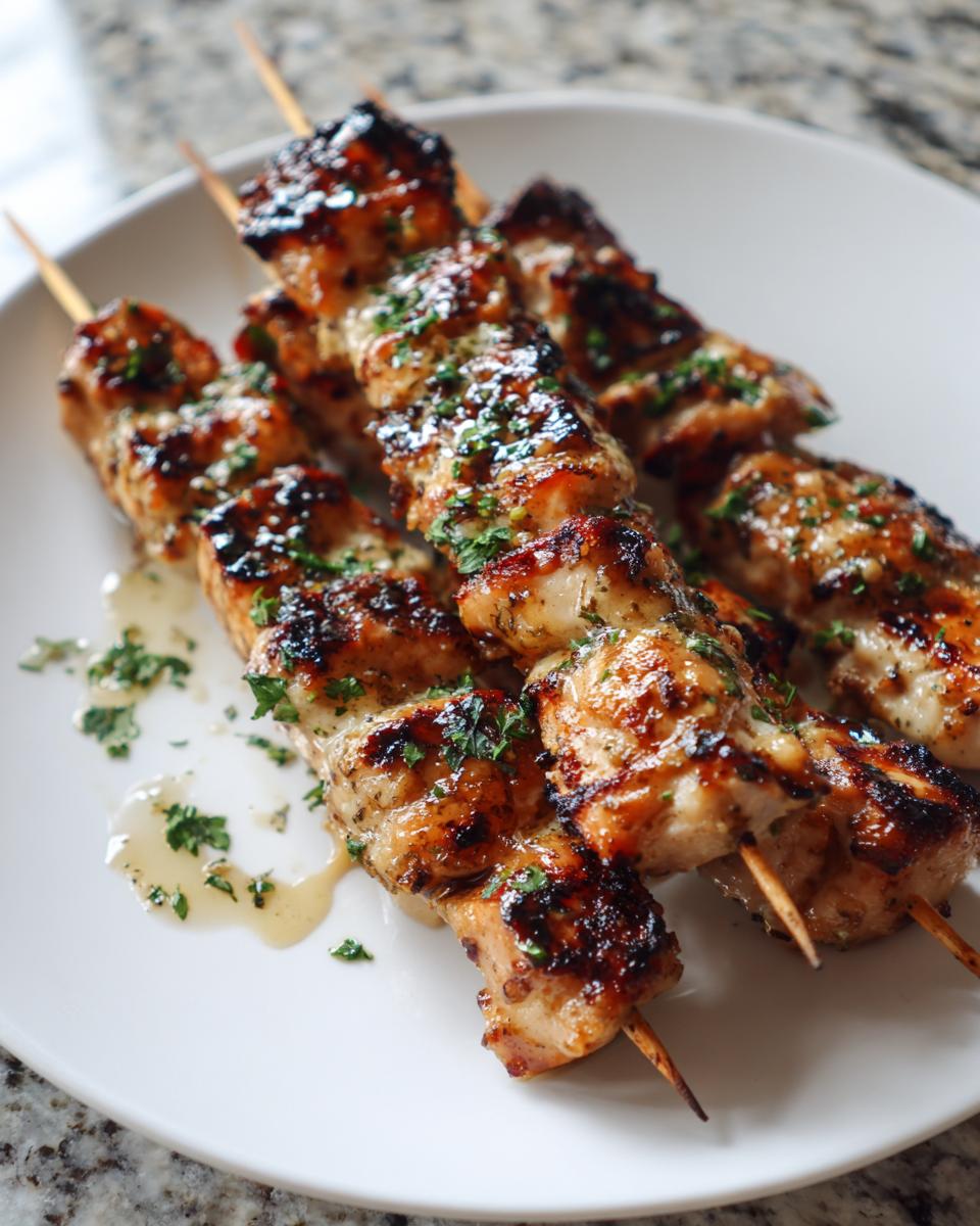 Three perfectly grilled chicken skewers resting on a white plate, glistening with glaze and topped with fresh parsley.