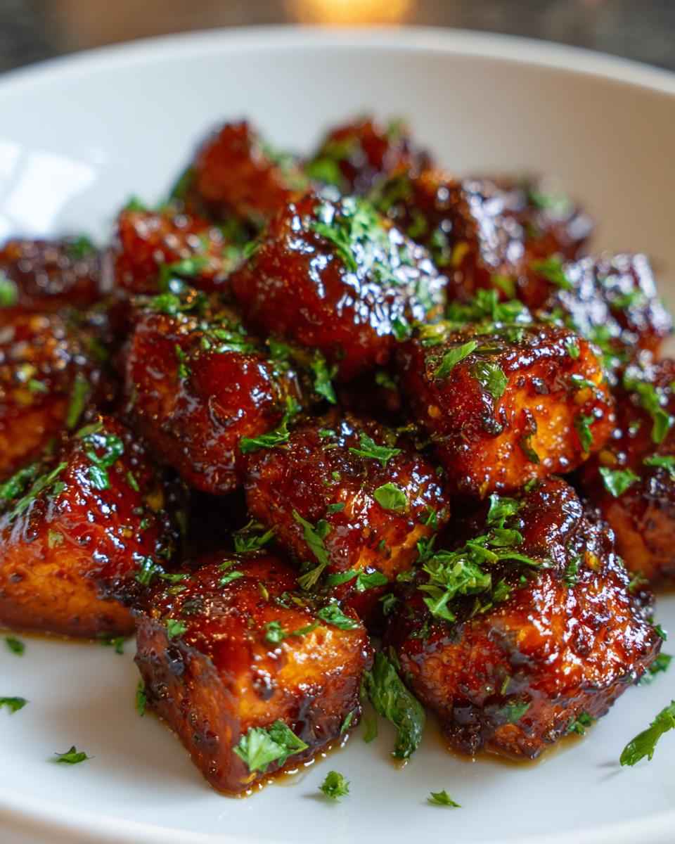 Close-up of sticky, glazed, and herbed roasted carrots served on a white plate.
