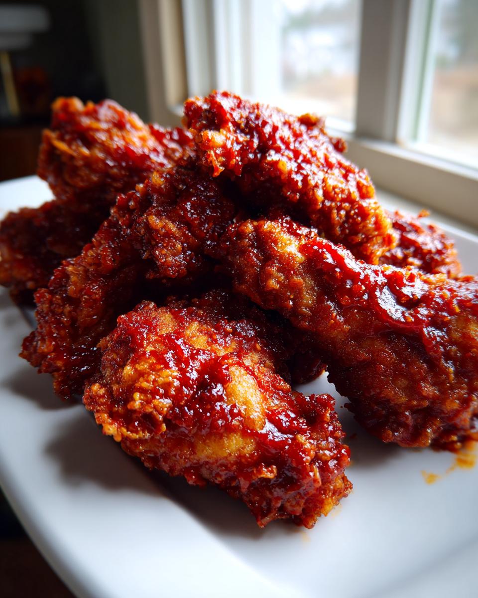 A pile of crispy, glazed korean fried chicken recipe wings coated in a shiny, deep red sauce on a white plate.