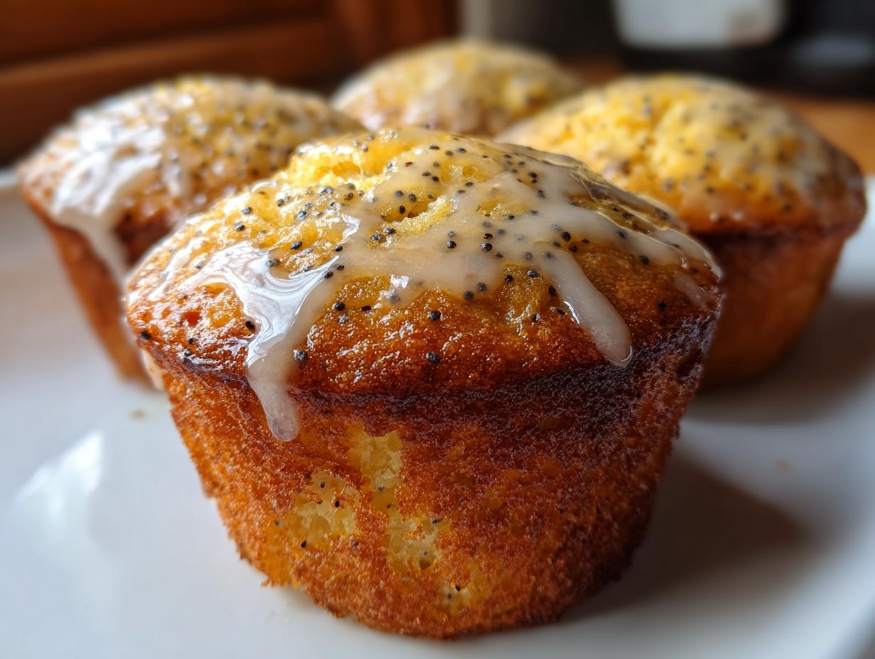 Close-up of a golden brown lemon poppy seed muffins topped with a sweet lemon glaze and visible poppy seeds.