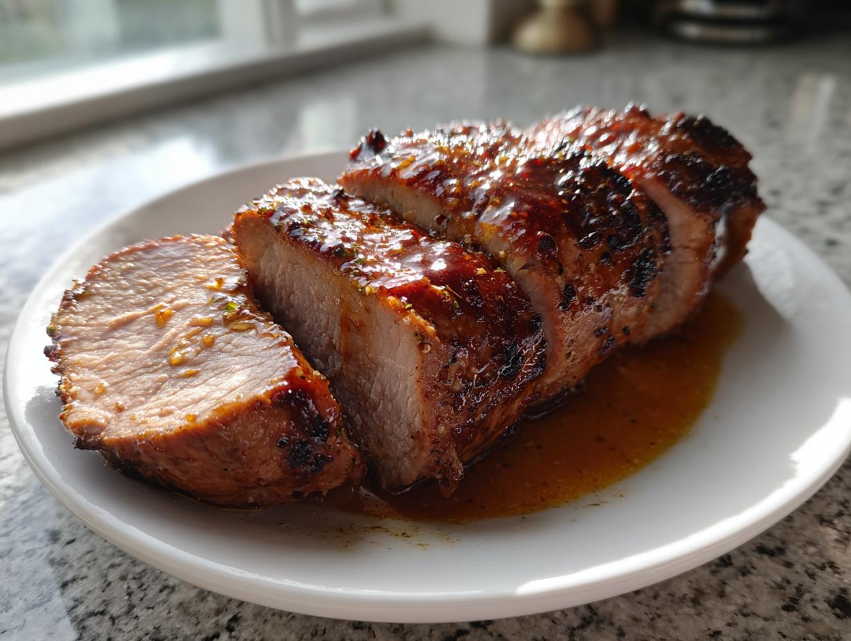 A beautifully sliced, glazed pork tenderloin recipe resting on a white plate with pan juices.