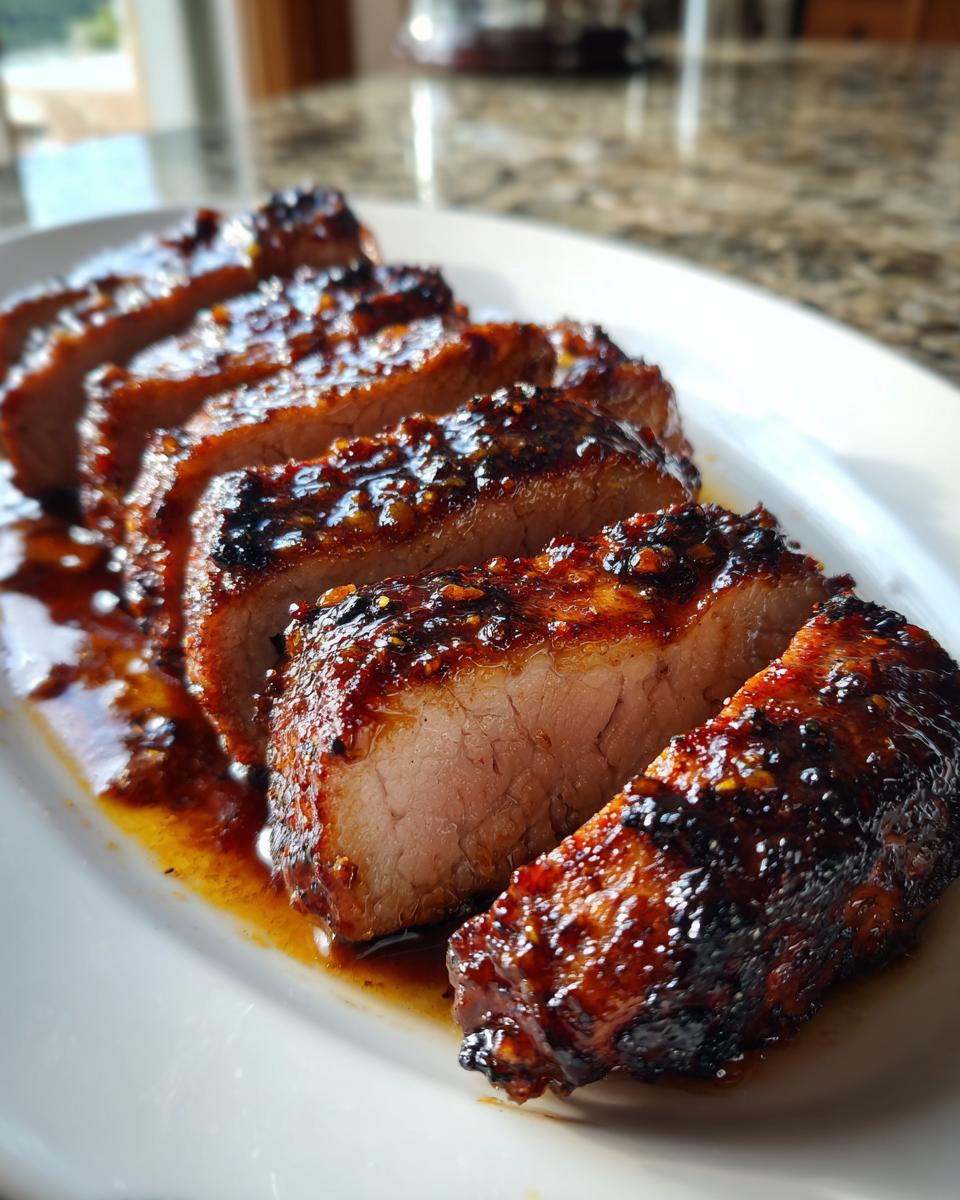 Close-up of sliced pork tenderloin recipe covered in a thick, dark, glossy glaze resting on a white platter.
