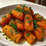 Close-up of shiny, glazed roasted carrots seasoned and topped with fresh chopped parsley.