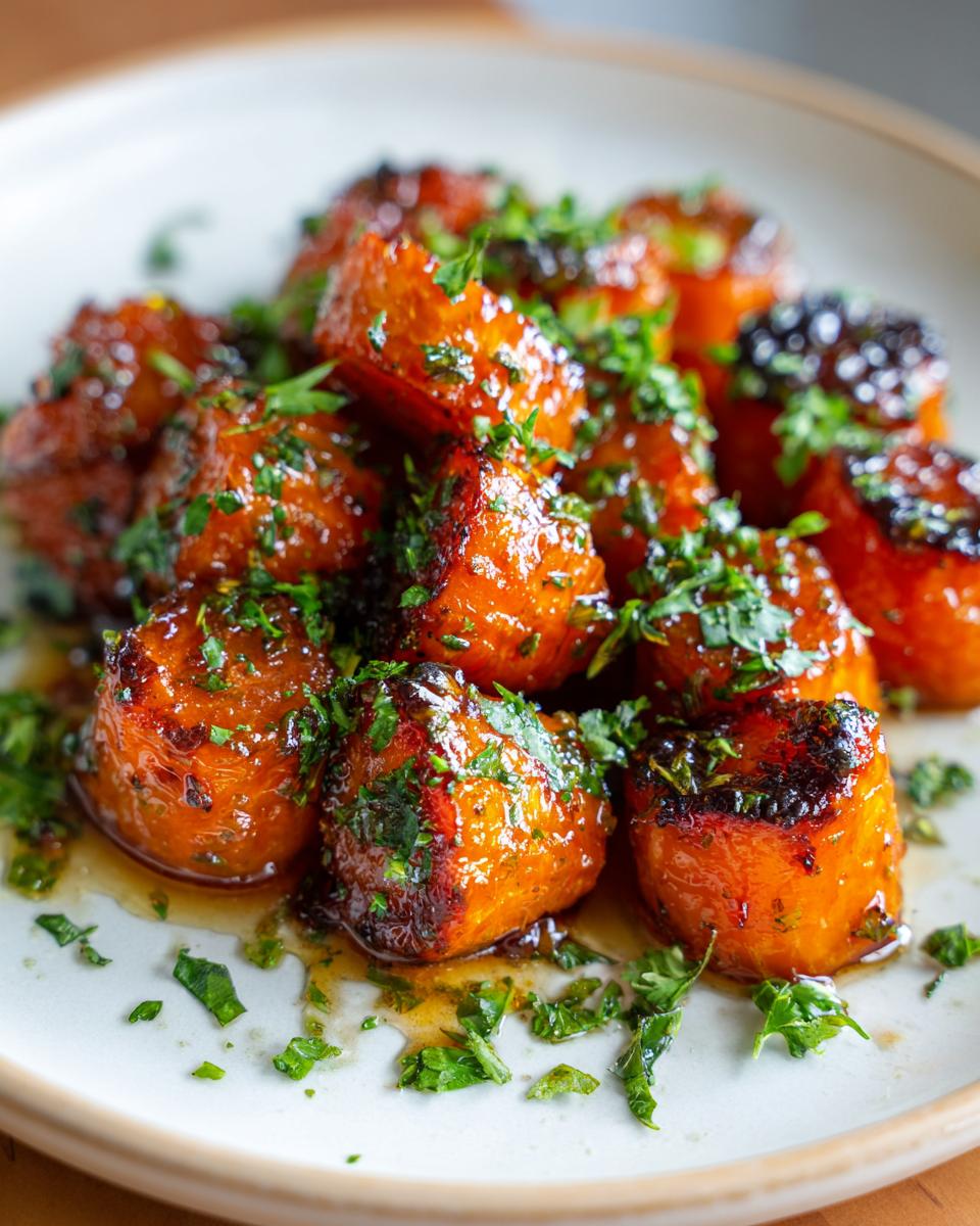 Close-up of perfectly glazed roasted carrots topped with chopped fresh parsley.