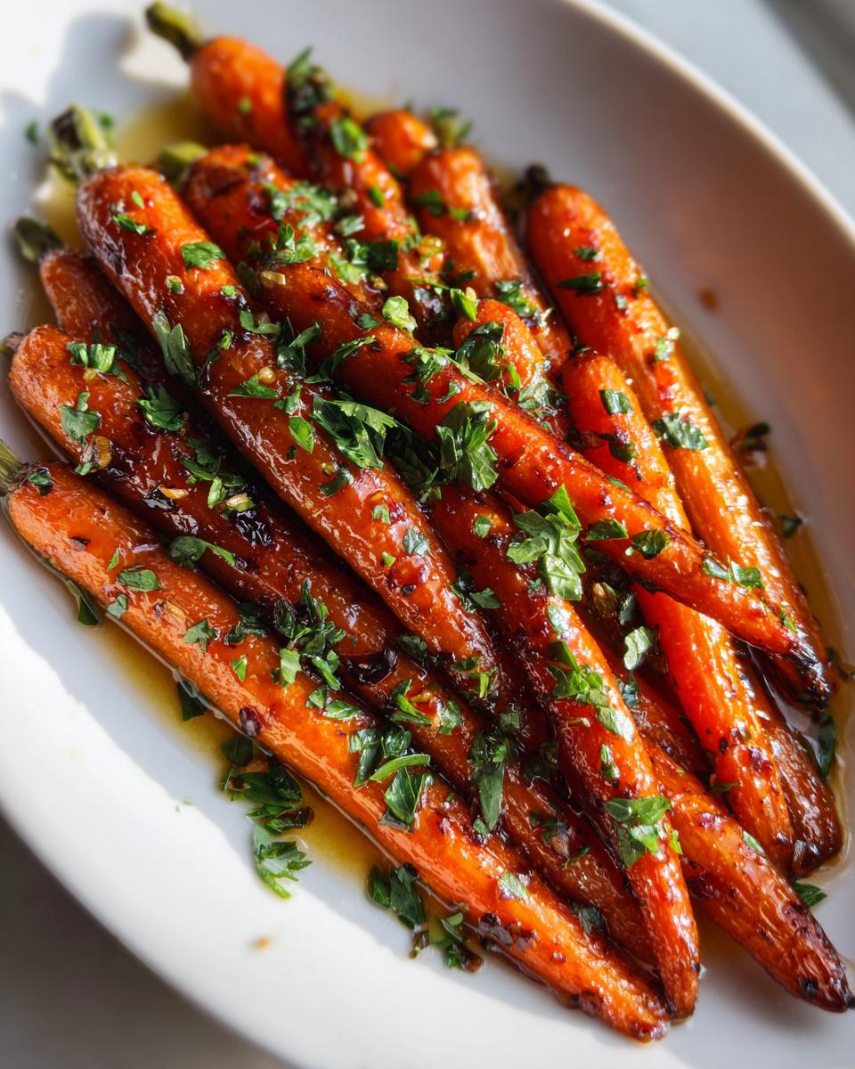 Close-up of perfectly glazed roasted carrots topped with chopped fresh parsley.