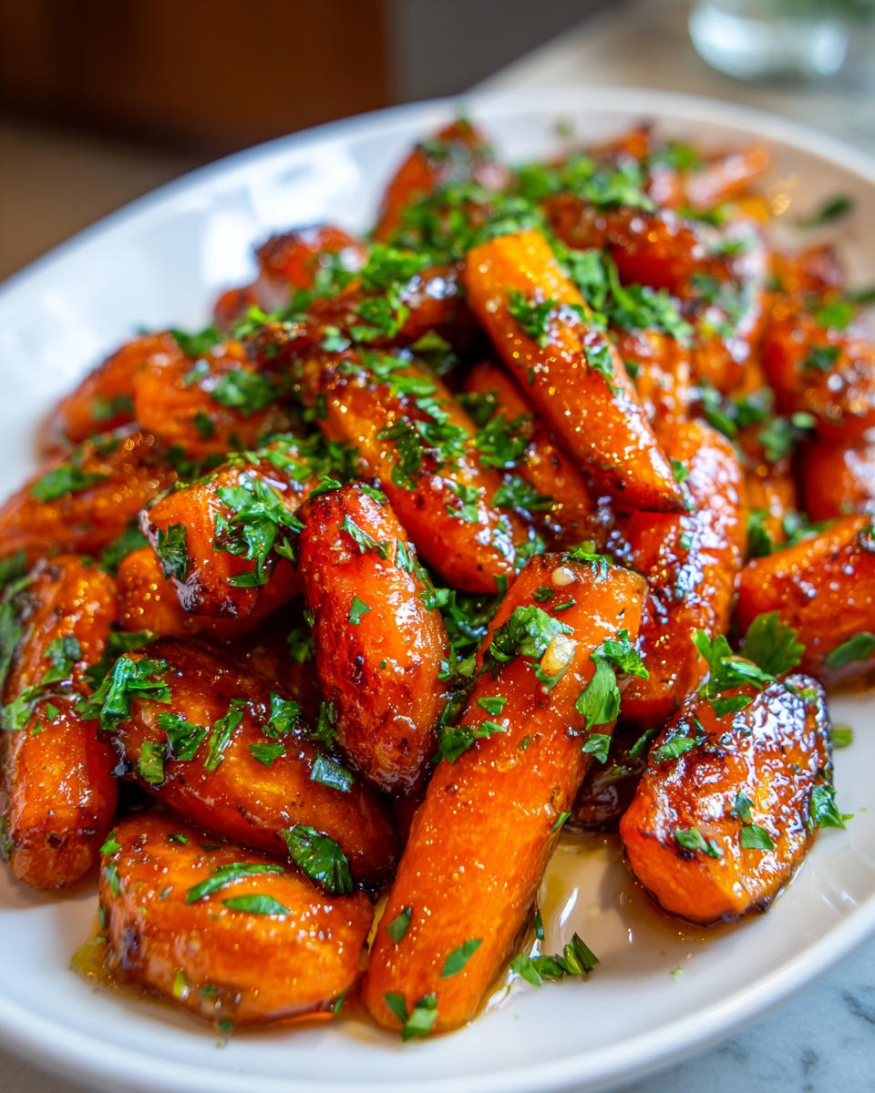 Close-up of perfectly glazed roasted carrots sprinkled generously with fresh chopped parsley.
