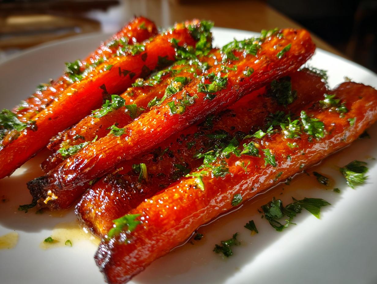 Close-up of perfectly glazed and roasted carrots sprinkled with bright green parsley.