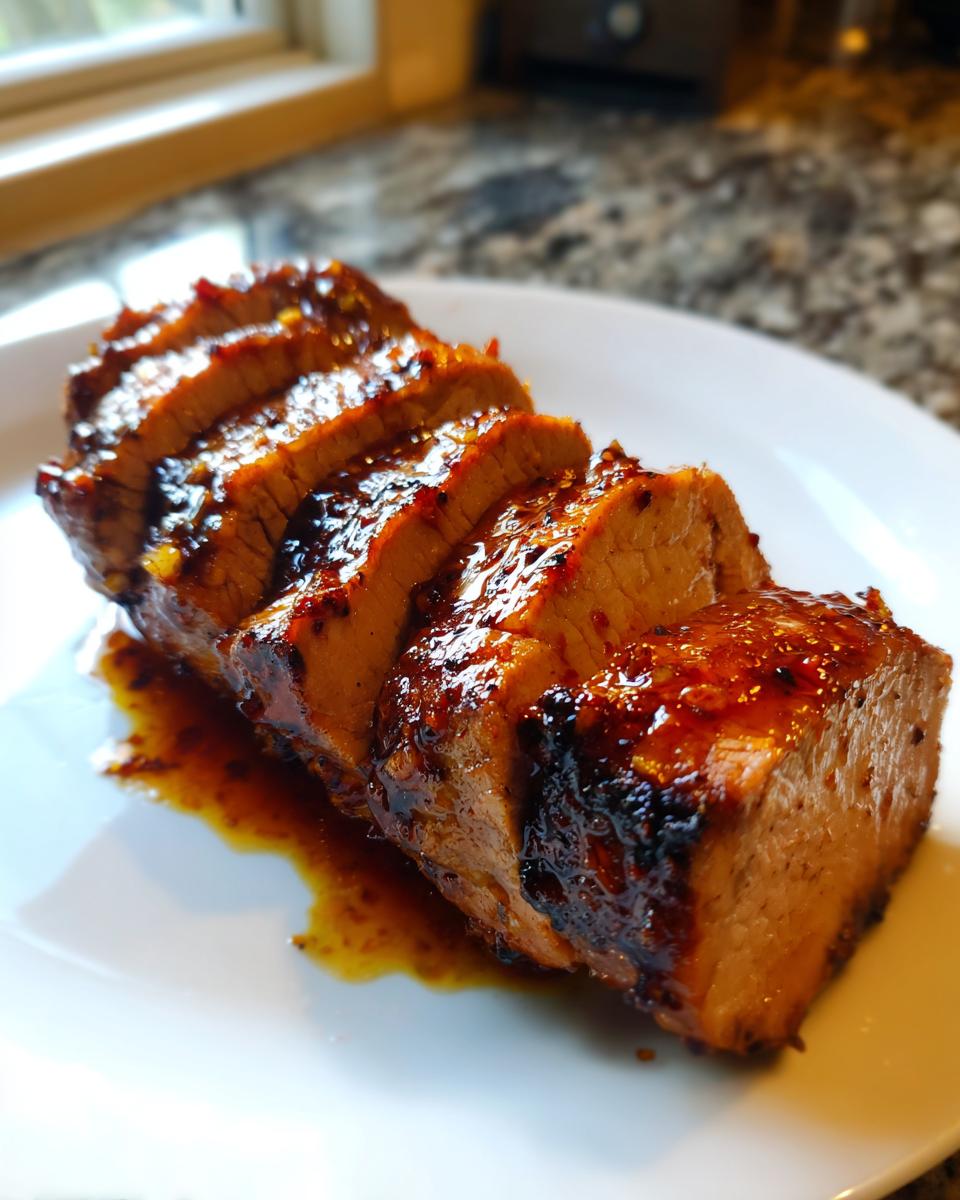A beautifully glazed and sliced pork tenderloin recipe resting on a white plate with pan juices.