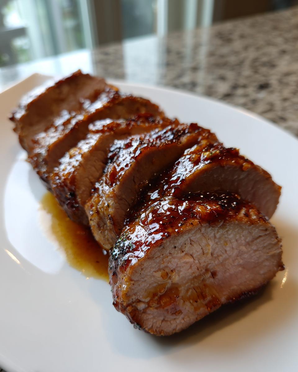 Close-up of sliced, glazed pork tenderloin recipe showing juicy interior and caramelized sauce.