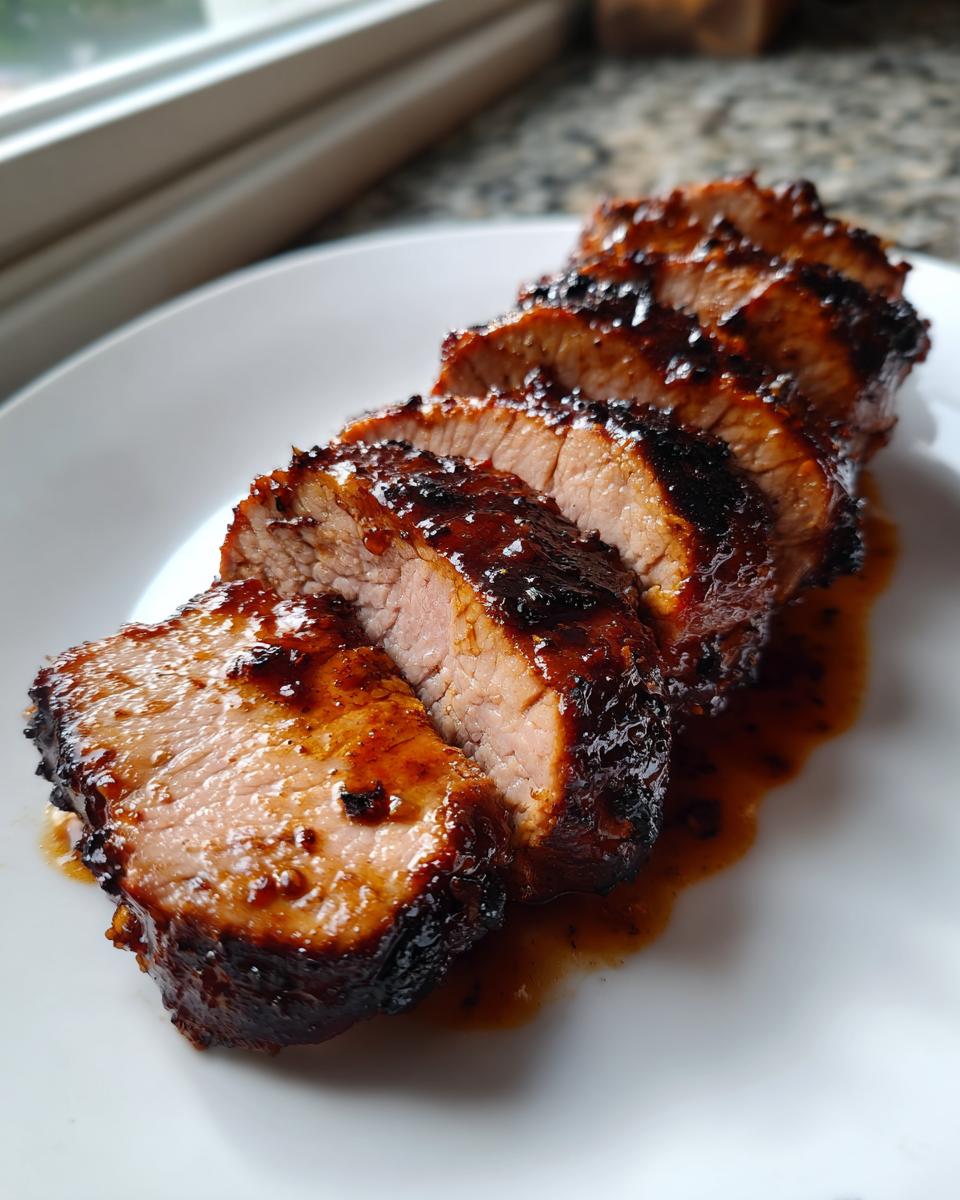 Close-up of sliced, glazed pork tenderloin recipe meat resting on a white plate.