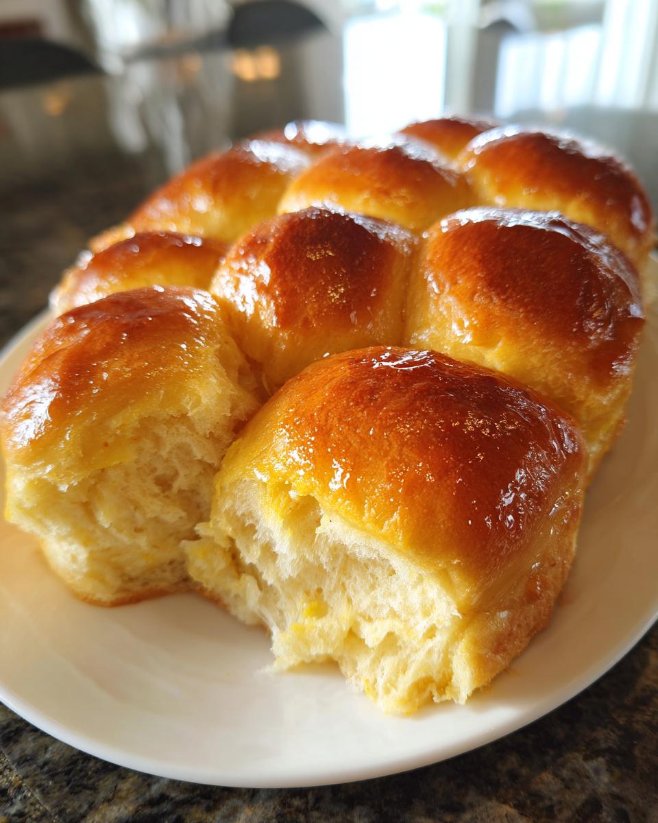 A cluster of golden brown, shiny sweet potato rolls, with one torn open to show the soft, fluffy interior.