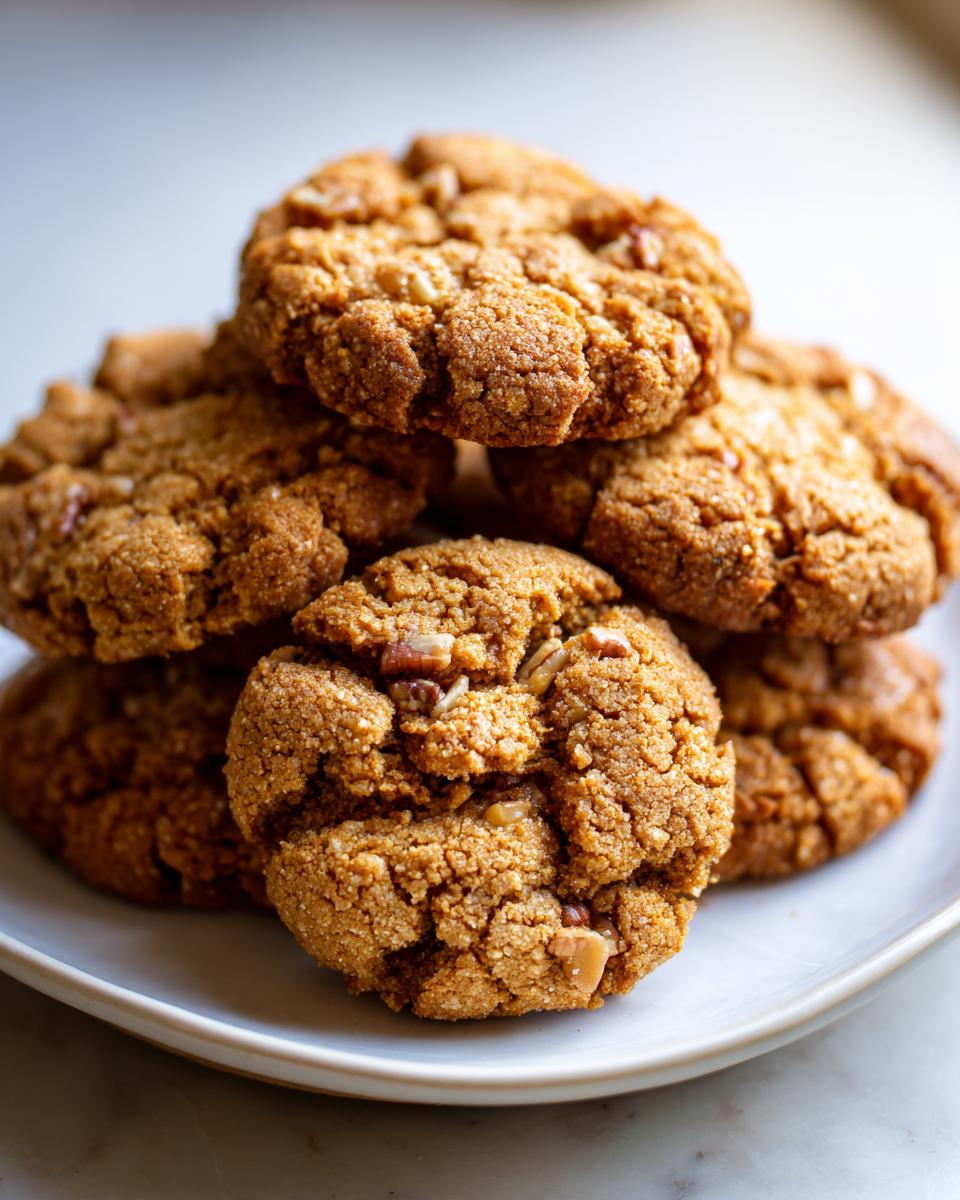 A close-up stack of freshly baked, golden brown butter pecan cookies with visible pecan pieces.