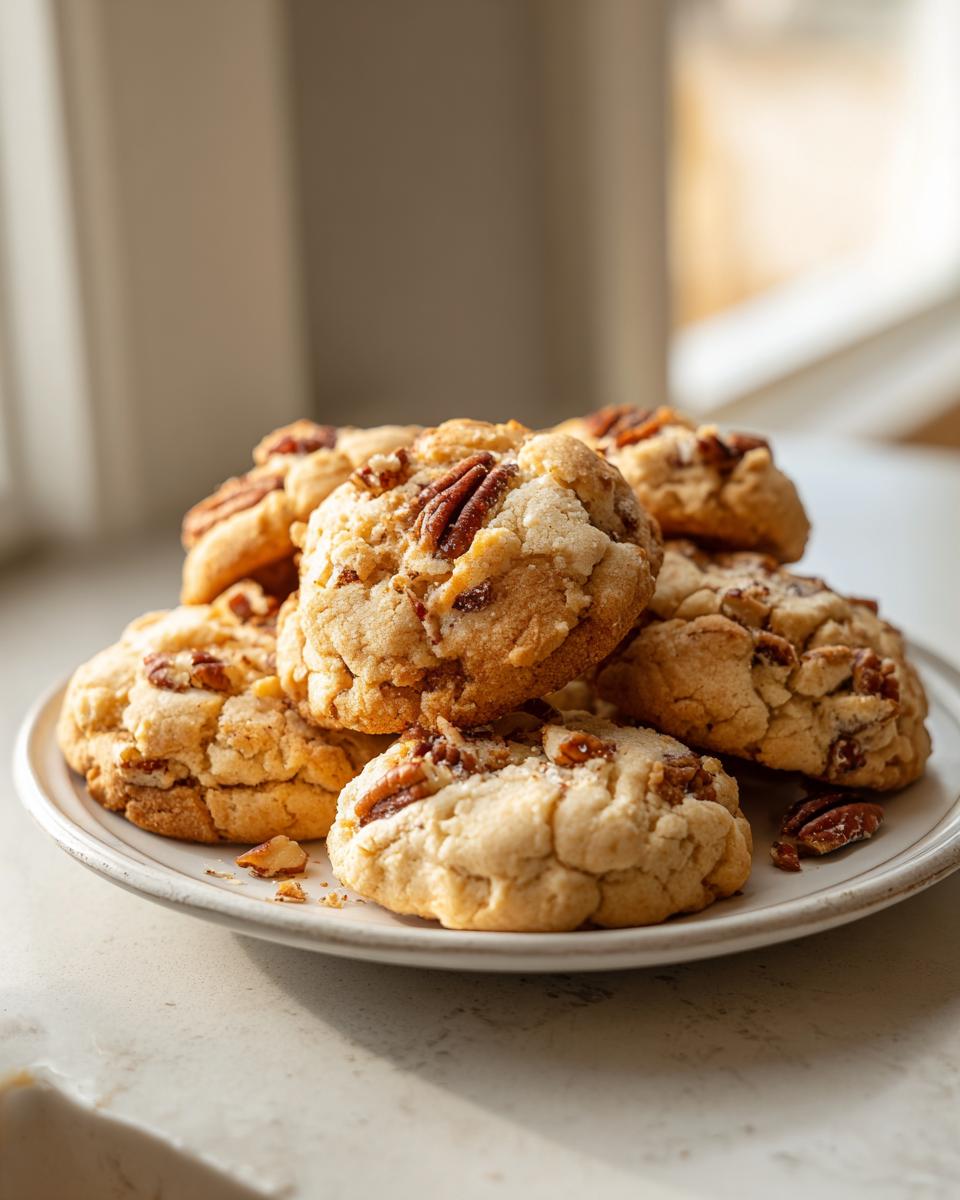 A close-up of several soft, golden butter pecan cookies piled on a white plate, topped with whole pecans.