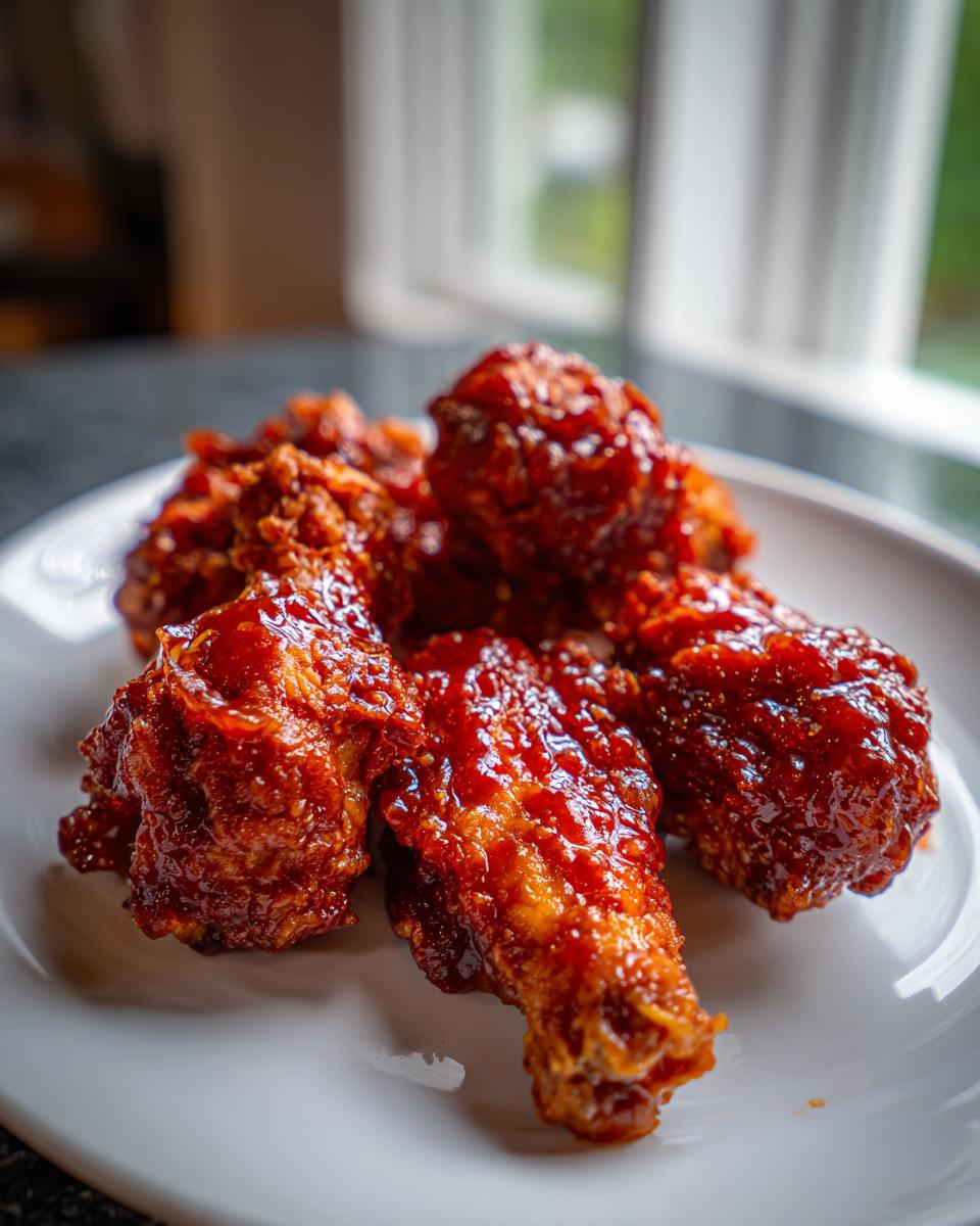 Close-up of glossy, saucy Korean fried chicken recipe wings piled on a white plate indoors.