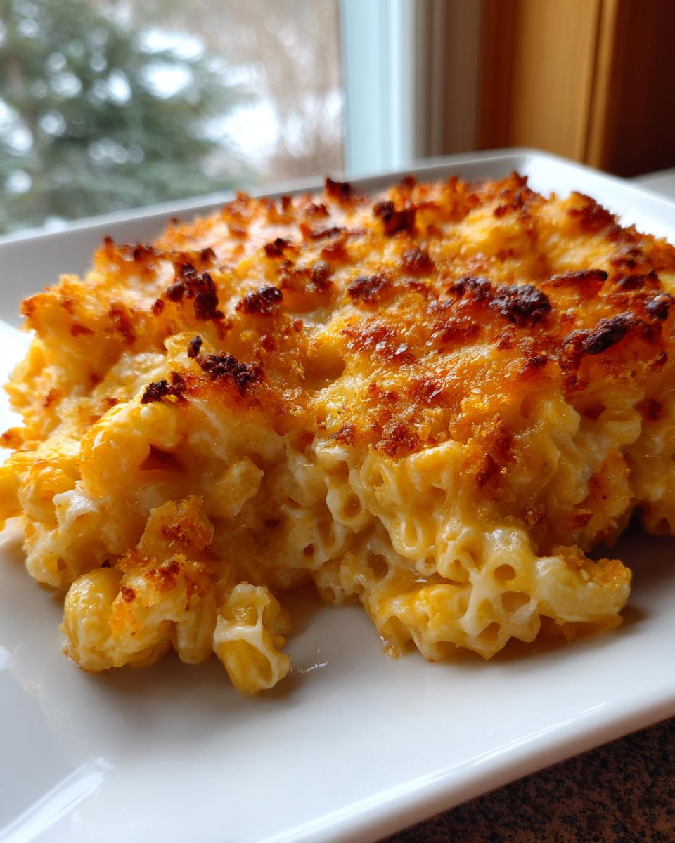 A close-up of a serving of rich, creamy baked mac and cheese with a dark, crispy, golden-brown topping.