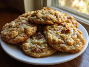 A close-up of several golden brown butter pecan cookies stacked on a white plate near a window.