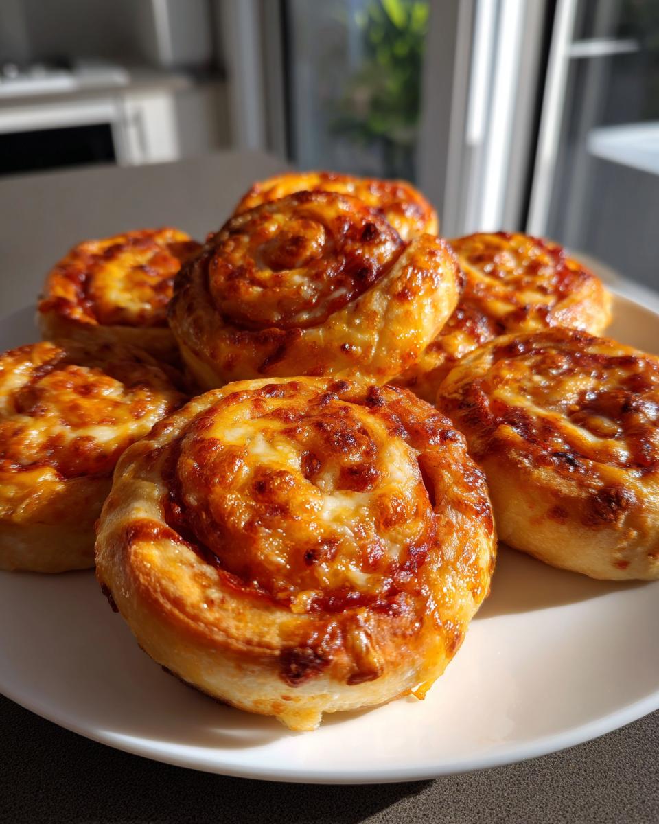 A plate piled high with freshly baked, golden brown pizza pinwheels topped with melted, slightly browned cheese.