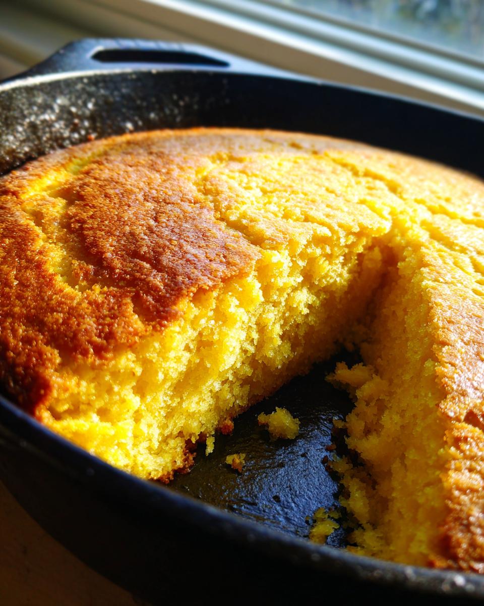Close-up of golden-yellow skillet cornbread in a cast iron pan with a piece taken out, showing the crumb.