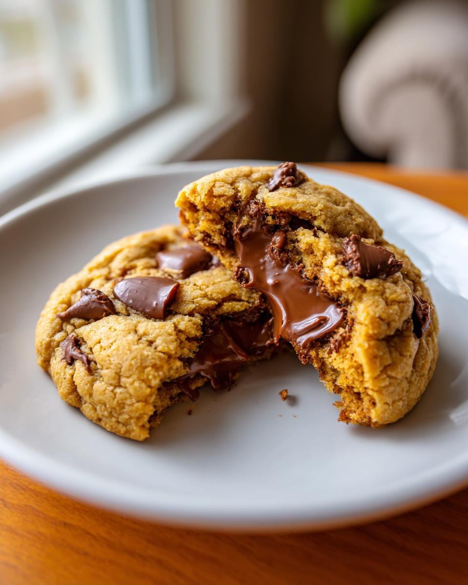 A close-up of peanut butter cup cookies broken in half, showing molten chocolate filling oozing out.