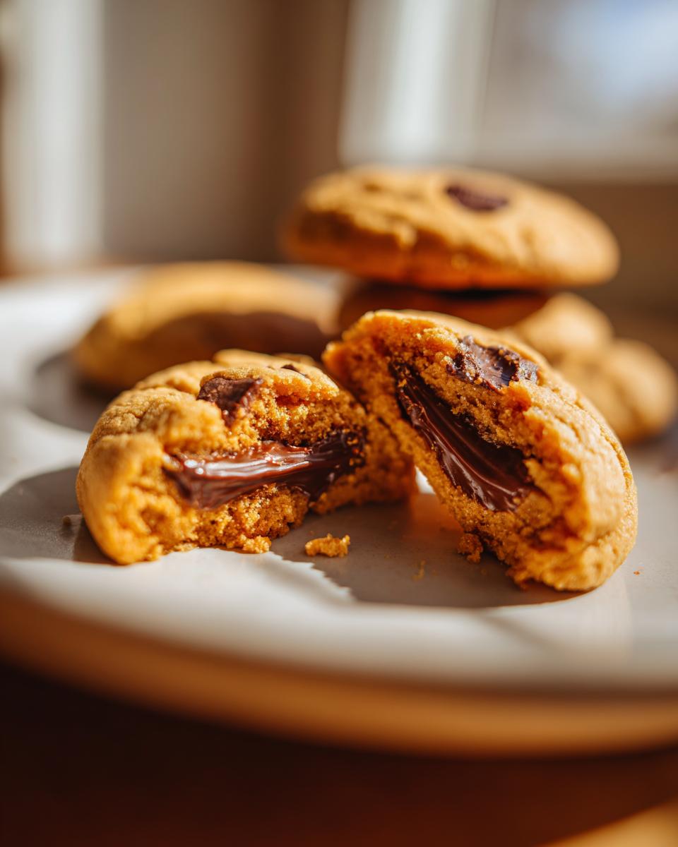 Close-up of a peanut butter cup cookie broken in half, revealing a melted, gooey chocolate center.