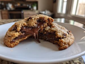 A warm peanut butter cup cookies cookie broken open to show melted chocolate filling oozing out.