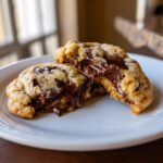 A close-up of a soft peanut butter cup cookies broken open, revealing melted, gooey chocolate filling.