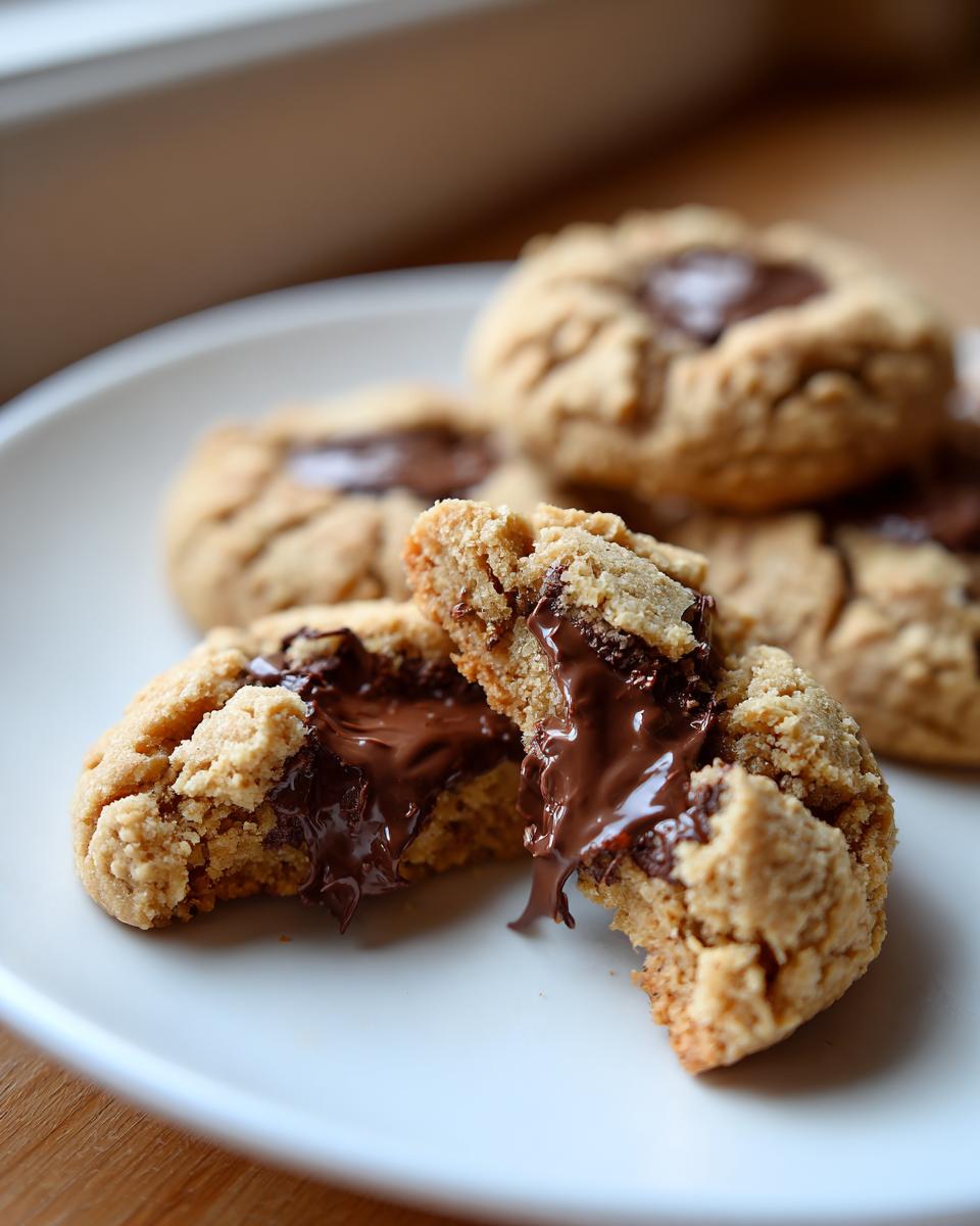 Close-up of peanut butter cup cookies, one broken in half revealing melted chocolate center.